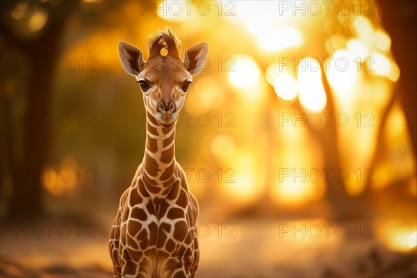 Baby giraffe standing amidst the golden rays of the setting sun, surrounded by nature s beauty, AI generated