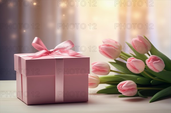 Gift Box with Pink Ribbon Beside bouquet of Fresh Tulips on Bokeh Background. Good for Valentine day, March 8, mother day, spring holidays, birthday designs, AI generated