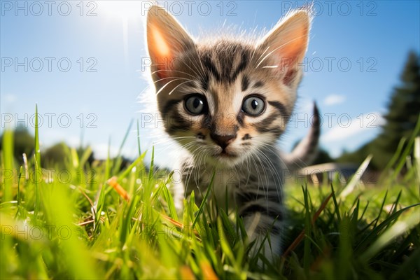 Playful Cute Kitten outdoors in Sunlit Grass. Kitten excitement and wonder as it explores the natural environment on a sunny day, AI generated