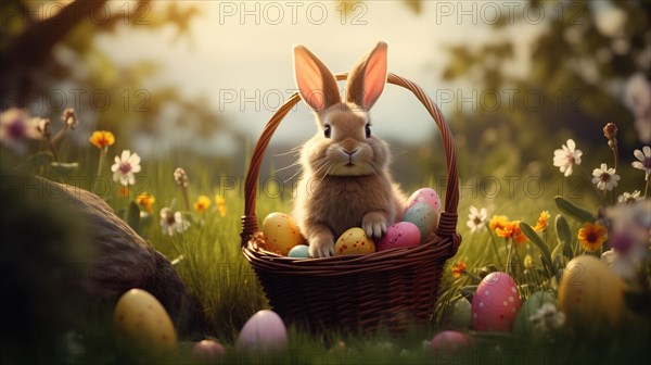 Cute Easter bunny sits beside a basket filled with colorful, decorated eggs amidst a vibrant green field under the bright, sunny sky. The festive spirit of Easter and the joy of nature, AI generated