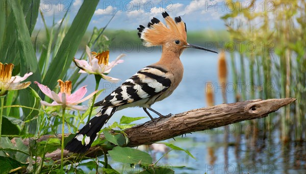 KI generated, animal, animals, bird, birds, biotope, habitat, a, individual, water, reeds, water lilies, blue sky, foraging, wildlife, hoopoe (Upupa epops), treehoppers, summer, flowers