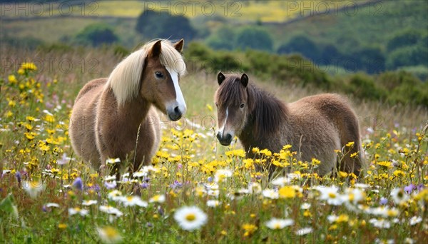 KI generated, animal, animals, mammal, mammals, biotope, habitat, two, flower meadow, foraging, wildlife, meadow, pasture, Exmoor pony, horse, horses, ungulates, English pony breed, South West England, Exmoor, (Equus ferus caballus), foal