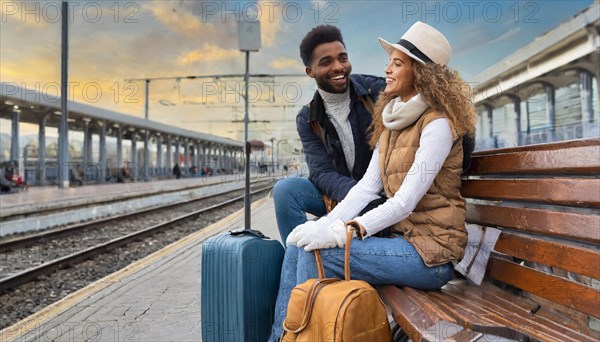 AI generated, A young couple wants to travel and is waiting for the train at the station, 20, 25, blond, blonde, modern, modern, handbag, fur jacket, boots, sexy, attractive, attractive, long-haired, transport, traffic