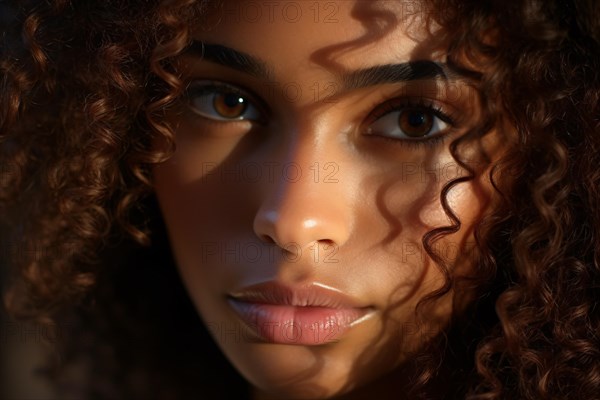Portrait of beuatiful young african american woman with sun casting shadows on face. KI generiert, generiert AI generated