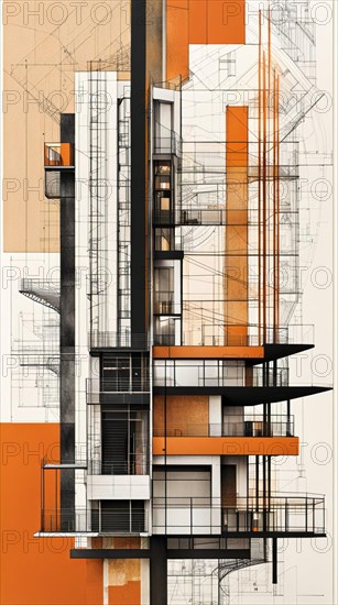 Vertical geometric abstract with architectural blueprint motifs in orange and black, vertical aspect ratio, off white background color AI generated
