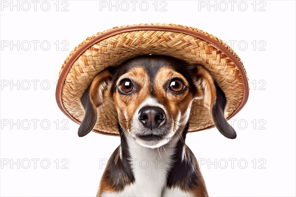 Funny dog with summer straw hat on white background. KI generiert, generiert AI generated