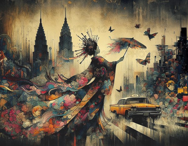 Enigmatic silhouette of a geisha with butterflies and a vintage american taxi in a twilight cityscape, shunga vintage japanese themed style art, AI generated