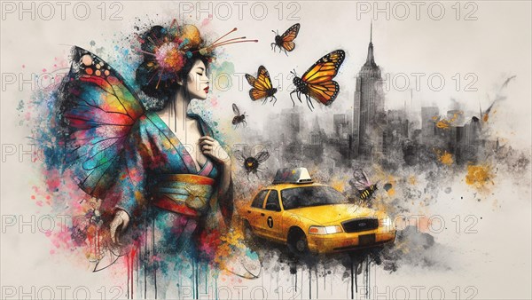 A fantastical art piece with a woman and a butterfly motif by a yellow taxi and NY skyline, off white background color, shunga vintage japanese themed style art, AI generated