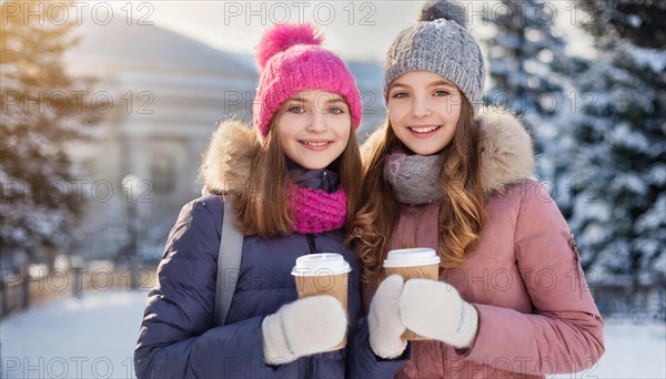 AI generates, human, humans, person, persons, child, children, girl, two, 15, years, outdoor, ice, snow, winter, seasons, drinks, drinking, coffee to go, coffee, cup, paper cup, hot drink, cap, bobble hat, gloves, winter jacket, cold, coldness