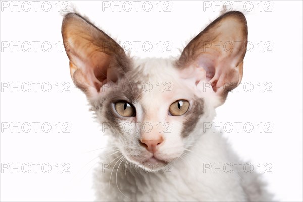 Portrait of Cornish Rex cat on white background. KI generiert, generiert AI generated