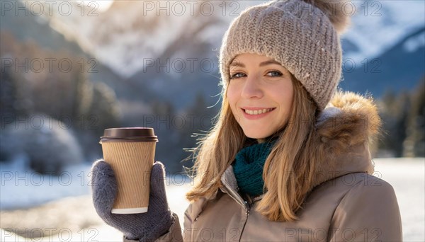 AI generated, human, humans, person, persons, woman, woman, one, coffee, coffee cup, coffee to go, outdoor, ice, snow, winter, seasons, drinks, drinking, cap, bobble hat, gloves, winter jacket, cold, cold weather