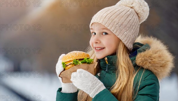 AI generated, human, humans, person, persons, child, children, girl, 10, 12, years, one person, outdoor, ice, snow, winter, seasons, eats, eating, burger, hamburger, cap, bobble hat, gloves, winter jacket, cold, coldness