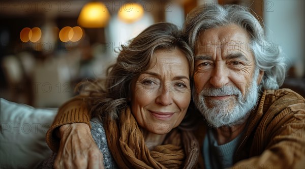Affectionate elderly couple in casual wear share a moment of happiness indoors, ai generated, AI generated