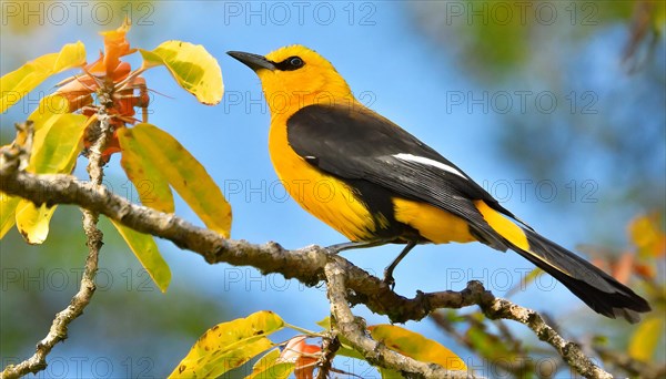 KI generated, animal, animals, bird, birds, biotope, habitat, one, individual, blue sky, foraging, wildlife, summer, seasons, eurasian golden orioles (Oriolus oriolus), oriole, tree, branch