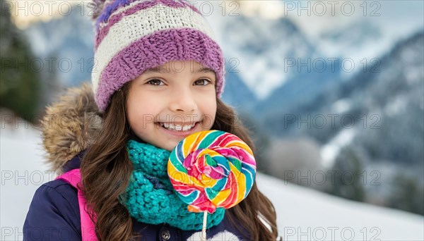 AI generated, Two little girls are happy about a lolly, lollipop, lollipop, human, people, person, persons, child, children, 10, years, two, outdoor, ice, snow, winter, seasons, eats, eating, hat, bobble hat, gloves, winter jacket, cold, coldness