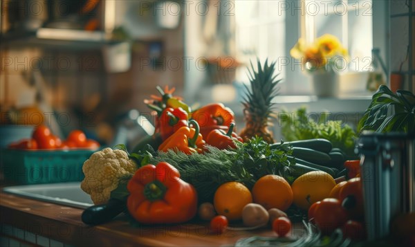 Fresh vegetables on the table in the kitchen. Healthy food concept AI generated