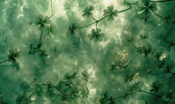 St. Patrick's Day background with clover leaves and bokeh effect. AI generated