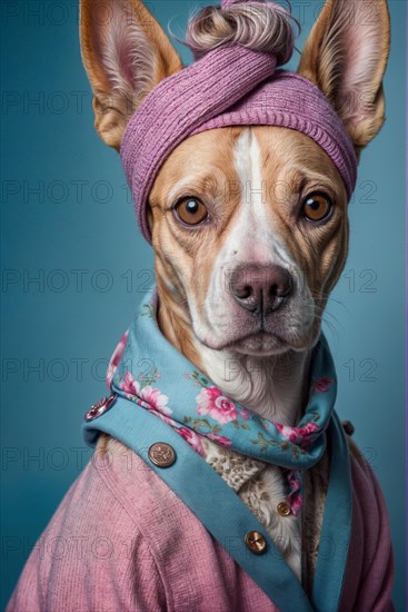 Elegant dog wearing a headband and a stylish coat with a serene expression, over grey solid studio background, AI generated