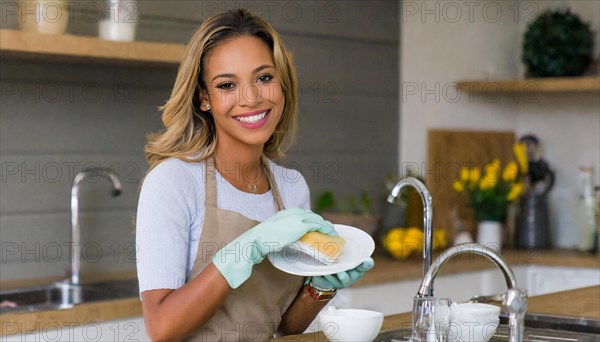 AI generated, woman, woman, 30, 35, blonde, blond, blonde, kitchen, sink, kitchen table, dishes, washing up, washing dishes, plates, cups, glasses, dishcloth, gloves, cleaning, water, polishing cloth, polishing, clean, cleanliness, housewife, mother, family