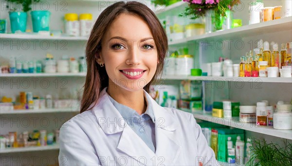 AI generated, A young pharmacist in her pharmacy, portrait, 30, 35, years, female, blonde, blond, blonde, beautiful teeth, smiles, long hair, profession, professions, medicines in the background