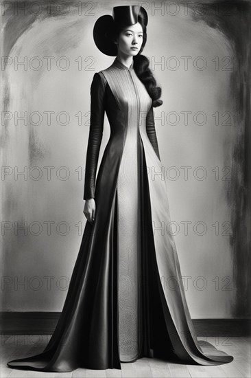 Tall Mixed-race thin Woman in a futuristic high fashion gown with a sculpted hairstyle exuding regality in studio, monochrome photography, AI generated