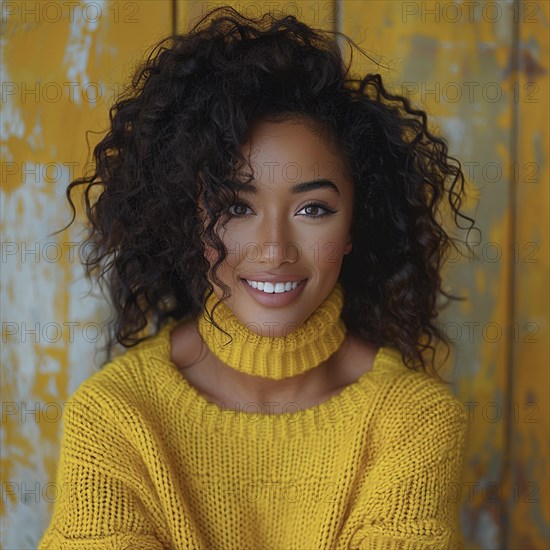 Portrait of a happy woman standing in front of a colored background with a trendy sweater smiling, AI generated