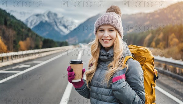 AI generated, human, humans, person, persons, woman, woman, one person, 20, 25, years, outdoor, seasons, cap, bobble hat, gloves, winter jacket, cold, cold, backpack, woman wants to travel, hitchhiking, hitchhiking, hitchhiking, road, motorway, coffee to go in hand, coffee, drink
