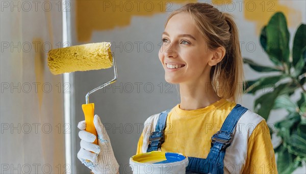 AI generated, woman, woman, a young girl paints a wall with new paint, yellow, yellow, renovation of old flat, paint roller, ladder, paint, 20, 25, years, one, one person, daughter, student, pastime, family, girl, smiling, smiling, fun at work, laughing, laughing, laughing, dungarees, jeans