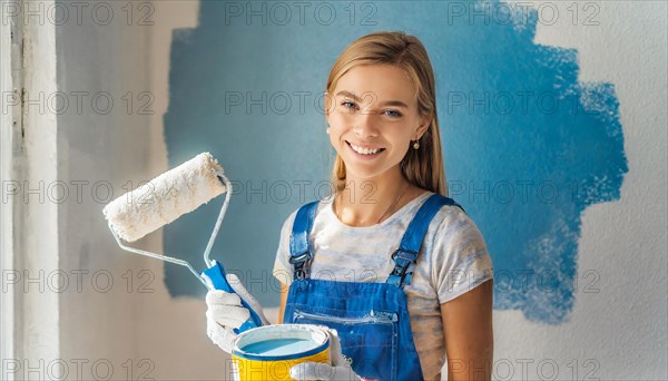 AI generated, woman, woman, a young girl paints a wall with new paint, blue, light blue, blue, light blue, renovation of old flat, paint roller, ladder, paint, 20, 25, years, a, a person, daughter, student, pastime, family, girl, smiles, smiling, fun at work, laughing, laughing, laughing, dungarees, jeans