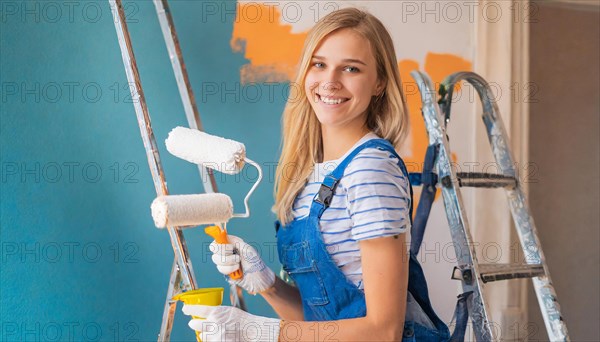 AI generated, woman, woman, a young girl paints a wall with new paint, blue, light blue, blue, light blue, renovation of old flat, paint roller, ladder, paint, 20, 25, years, a, a person, daughter, student, pastime, family, girl, smiles, smiling, fun at work, laughing, laughing, laughing, dungarees, jeans