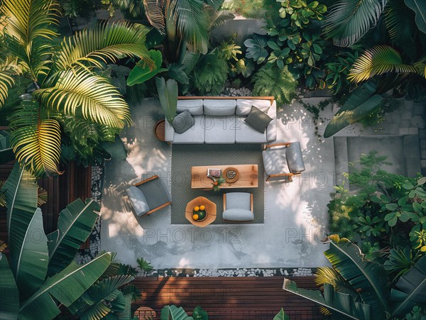 A serene courtyard with tropical plants, stone tiles, and comfortable outdoor furniture bathed in sunlight, Playa del Carmen beach in Mexico, AI generated