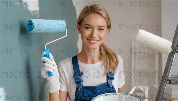 AI generated, woman, woman, a young girl paints a wall with new paint, blue, blue, renovation of old flat, paint roller, ladder, paint, 20, 25, years, one, one person, daughter, student, pastime, family, girl, smiling, smiling, fun at work, laughing, laughing, laughing, dungarees, jeans