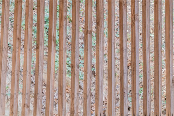 Vertical wooden slats in wall of building with blurred grassy hill in background in South Korea