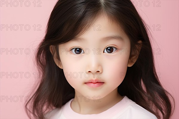 Portrait of young female Asian child on pink background. KI generiert, generiert AI generated
