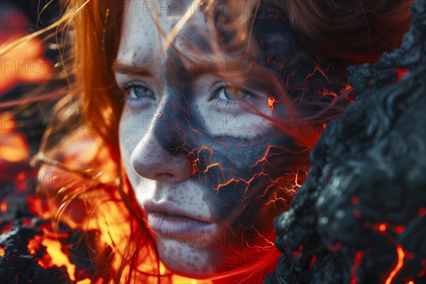 Mystical portrait of a woman with lava texture on her face and red hair surrounded by hot lava, AI generated, AI generated