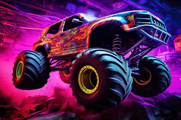 Monster truck with neon lighting, jumping off-road in cloud of dust. Excitement and thrill of an extreme sport, AI generated