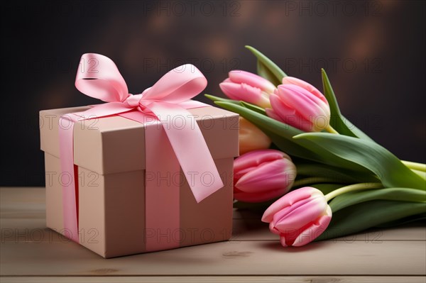 Gift Box with Pink Ribbon Beside bouquet of Fresh Tulips on Bokeh Background. Good for Valentine day, March 8, mother day, spring holidays, birthday designs, AI generated