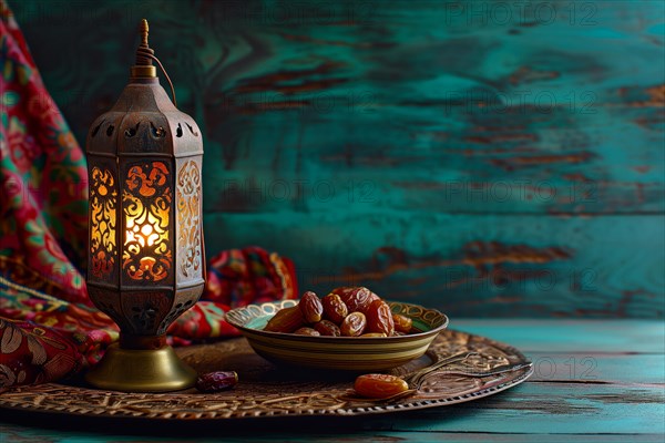 Ramadan lantern with a plate of succulent figs, set on an ornate table with intricate designs, evoking the rich traditions and serene moments of the holy month, AI generated