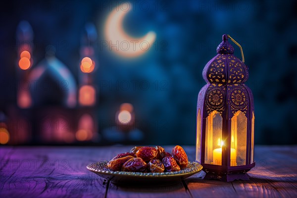 Ramadan lantern with a plate of succulent figs in violet purple tones with mosque and moon, set on an ornate table with intricate designs. Rich traditions and serene moments of the holy month Ramadan, AI generated