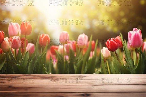 Empty wooden board with red and pink tulip spring flowers in background. KI generiert, generiert AI generated