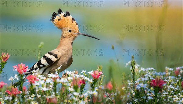 KI generated, animal, animals, bird, birds, biotope, habitat, one, individual, reed, water lilies, blue sky, foraging, wildlife, hoopoe (Upupa epops), tree hoopoes, meadow, spring, flowers