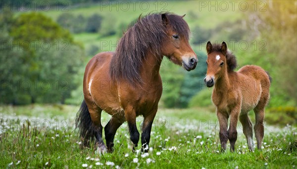 KI generated, animal, animals, mammal, mammals, biotope, habitat, two, mare and foal, foraging, wildlife, meadow, pasture, Exmoor pony, horse, horses, ungulates, English pony breed, South West England, Exmoor, (Equus ferus caballus), foal