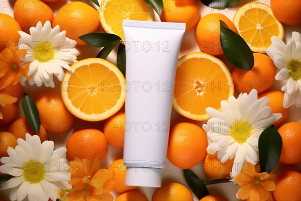 White facial cream tube surrounded by citrus orange fruits and flowers. KI generiert, generiert AI generated