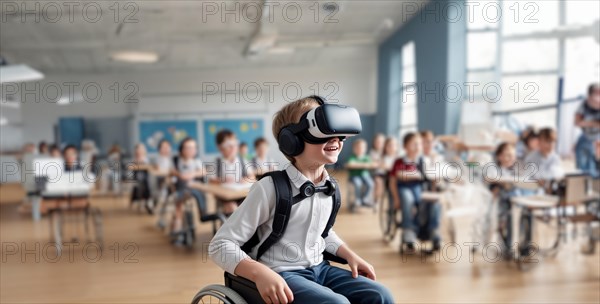 Boy in a wheelchair at school wearing VR glasses, AI generated