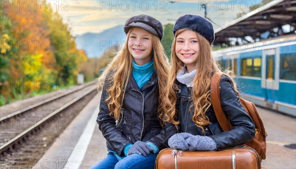 AI generated, Two young blonde woman want to travel and wait in the station for the train, 18, blond, blonde, modern, modern, suitcase, handbag, leather jacket, white, sneakers, shoes, sexy, attractive, attractive, long-haired, transport, traffic