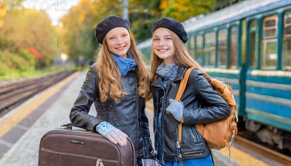 AI generated, Two young blonde woman want to travel and wait in the station for the train, 18, blond, blonde, modern, modern, suitcase, handbag, leather jacket, white, sneakers, shoes, sexy, attractive, attractive, long-haired, transport, traffic