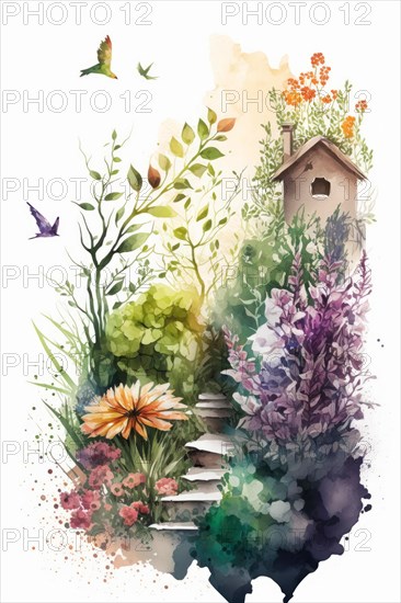Vibrant watercolor garden with birds, a birdhouse, and a variety of wildflowers in a peaceful setting, Spring garden background illustration, generated ai, AI generated