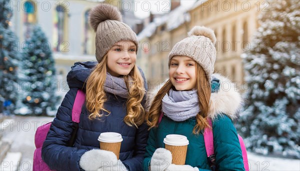 AI generates, human, humans, person, persons, child, children, girl, two, 15, years, outdoor, ice, snow, winter, seasons, drinks, drinking, coffee to go, coffee, cup, paper cup, hot drink, cap, bobble hat, gloves, winter jacket, cold, coldness