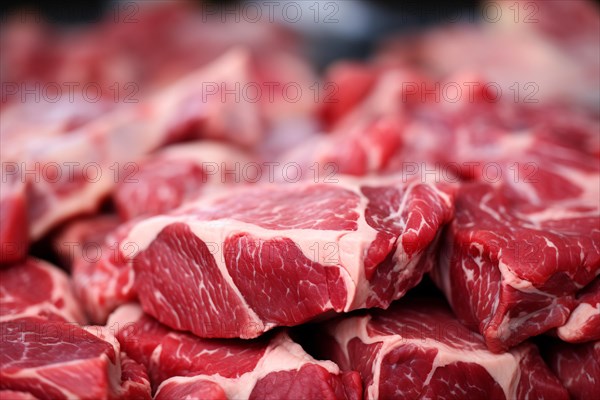 Close up of chunks of streaked red meat at butchery shop. KI generiert, generiert AI generated