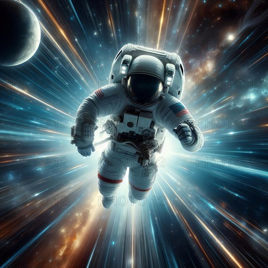 An astronaut in a spacesuit flies at breakneck speed, the speed of light, through space, symbolic image science fiction, space, space travel, AI generated, AI generated